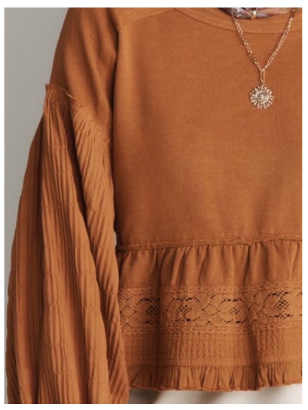 🟤NWT PILCRO by ANTHROPOLOGIE Long-Sleeve Ruffle Crop Babydoll Top in Pecan XL - Picture 3 of 6